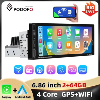 Podofo 1Din MP5/Android Car Radio 2+64G 4Core Multimedia Player Carplay Android Auto Bluetooth Mirror link FM 6.86'' Car Stereo