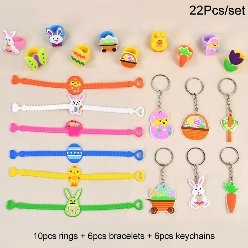 Ostern Kinder Geschenk Kaninchen Eier Armband Silikon Ring Schlüsselanhänger Frohe Ostern Geburtstag Party Gefälligkeiten Goodie Bag Korb Füllstoff Spielzeug Image