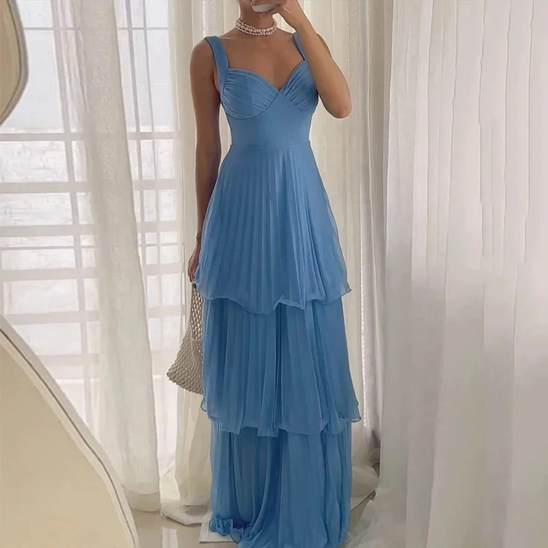 2025 sommer Hohl Ärmelloses Gefaltetes Langes Kleid Sexy Backless Hohe Taille Hosenträger Kleider Neue Blau Damen V-ausschnitt Party Kleid