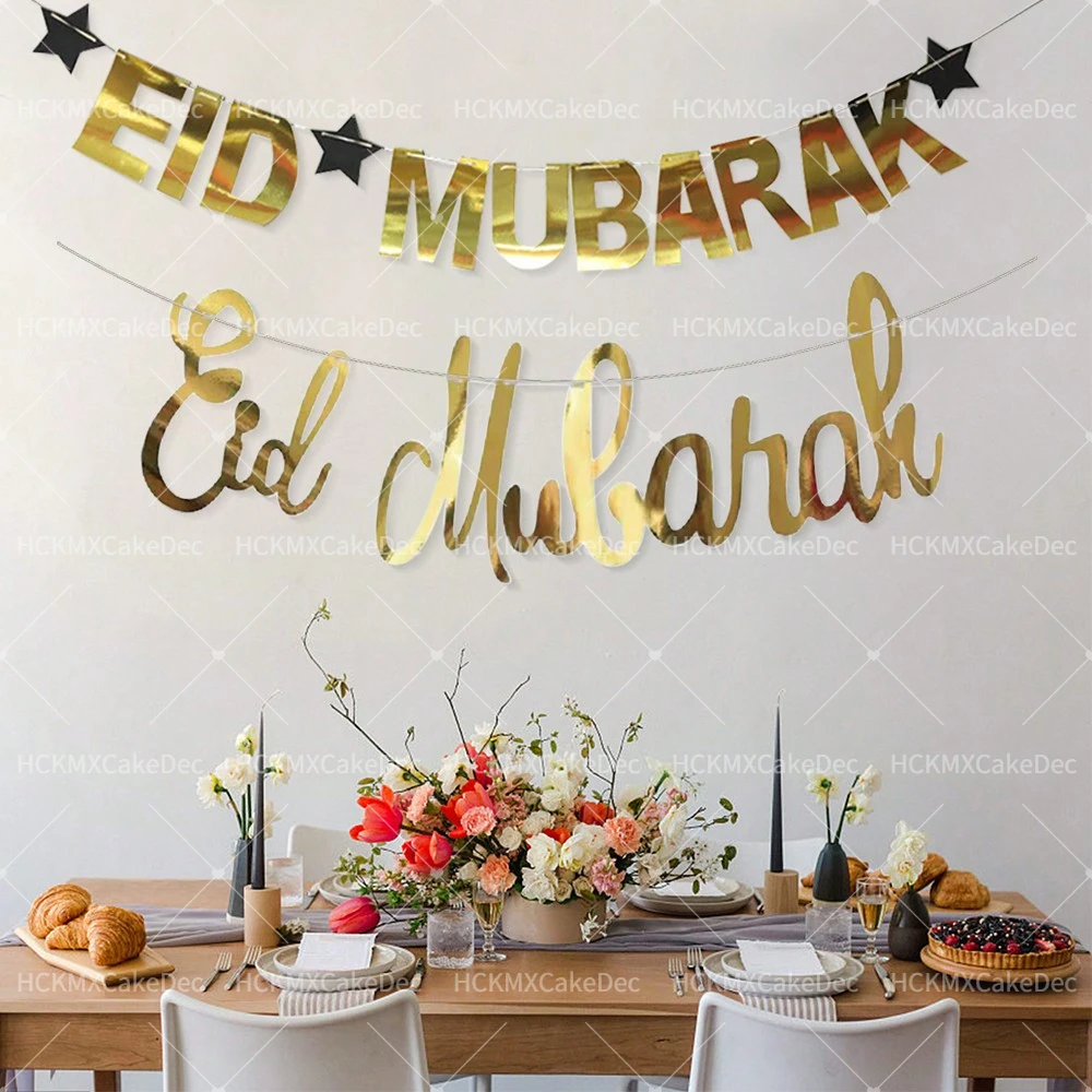 1set Gold Eid Mubarak Stern Mond Hängen Banner für Ramadan Kareem Party Home Hintergrund Dekoration Pull Flag Image