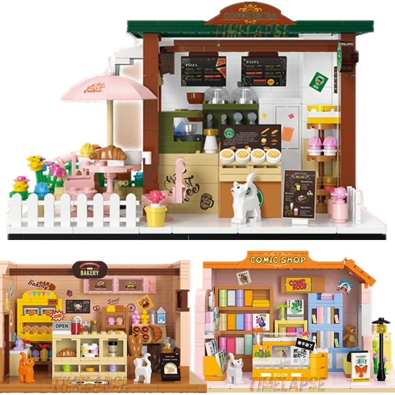 NEUE Kaffee Shop Bäckerei Buchhandlung Pet Cure Street View Lebensmittel Haus Bausteine Kit Mädchen Ziegel Modell Kinder Spielzeug Kinder Image