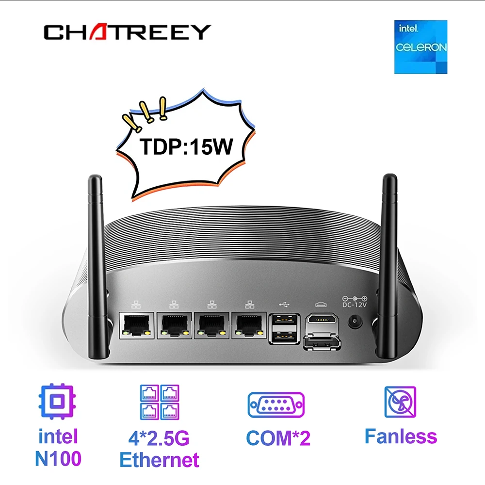 Chatreey-Mini PC industriel sans ventilateur, ordinateur de bureau, Intel N100, P1, 11 Pro, MR02, 4 * Intel LAN, i225, 2 COM, 3 USB pour Linux