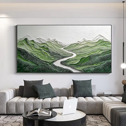 handgemachtes Originalgemälde „Grüne Berge" Ölgemälde auf Leinwand abstrakte Flusstallandschaft Wandkunst für Wohndekoration mit gespanntem Rahmen/ohne Innenrahmen Image