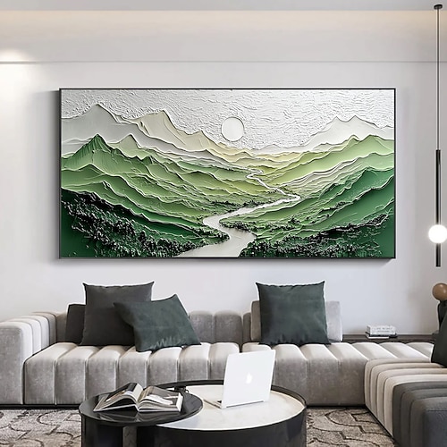 handgemachtes Originalgemälde „Grüne Berge" Ölgemälde auf Leinwand abstrakte Flusstallandschaft Wandkunst für Wohndekoration mit gespanntem Rahmen/ohne Innenrahmen Image