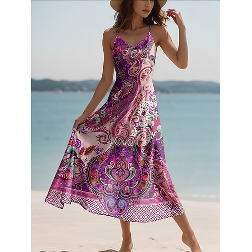 Damen Maxidress Casual kleid A Linie Kleid Urlaub Vintage Ethnisch Täglich Regular Fit Graphic Vintage Böhmische Ärmellos V Ausschnitt Rosa Blau Purpur Grün Sommer Frühling Herbst Image