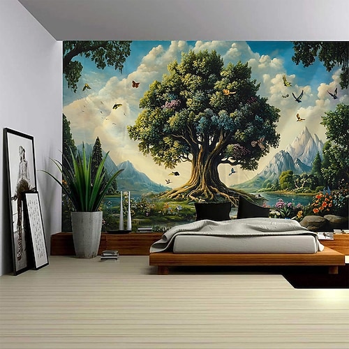 Baum des Lebens Landschaft hängender Wandteppich Mural Kunst Großer Wandteppich Mural Dekoration Fotohintergrund Teppich Vorhang Heim Schlafzimmer Wohnzimmer Dekoration Image