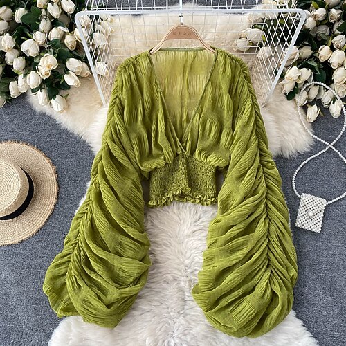 Damen Bluse Chiffon Tops Gerafft Einfach Stilvoll Langarm Puffärmel V Ausschnitt Crop Tops Ferien Ausgehen Schwarz Weiß Purpur Grün Frühling Image