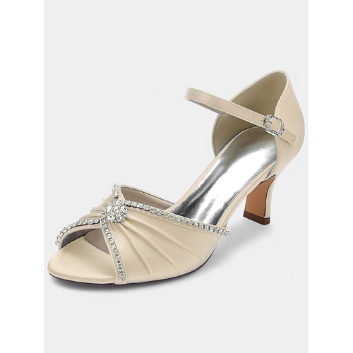 Damen weiße Satin Peep Toe Heels mit Strass-Fesselriemchen – elegante Cocktail- und Hochzeitsschuhe für abendliche Feiern Image