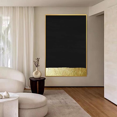 handgemachtes Ölgemälde Leinwand Wandkunst Dekoration minimalistisch abstrakt schwarz mit Goldfolie für Wohndekor gerollt rahmenlos ungedehntes Gemälde Image