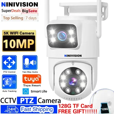 Tuya 10MP 5K Dual-Lens PTZ Camera Outdoor 4K HD Dual Screen Surveillance 2.4G Wifi Camera Color