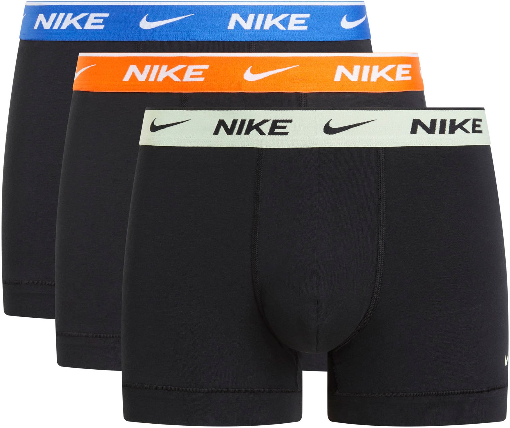 Trunk NIKE UNDERWEAR "TRUNK 3PK", Herren, Gr. L (50), 3 Stk., schwarz, uni blau, so, barely volt wb, Jersey, Obermaterial: 95% Baumwolle, 5% Elasthan, kontrastfarbene Details, unifarben, körpernah, Unterhosen, mit farbigem NIKE Logo-Elastikbund