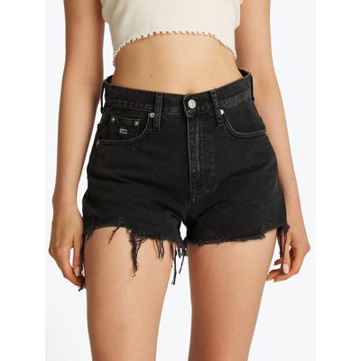 Shorts TOMMY JEANS "HOT PANT BI8080", Damen, Gr. 30, N-Gr, schwarz (denim schwarz), Denim/Jeans, Obermaterial: 100% Baumwolle, Destroyed-Effekte, casual, normal kurz, Hosen, im Destroyed-Look