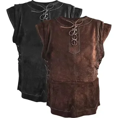 Herren Mittelalter Punk Weste Wikinger Cosplay Bogenschütze Kostüm Erwachsene Brust Körperpanzer Wildleder Larp Outfit Wamsmantel Halloween für Männer Image