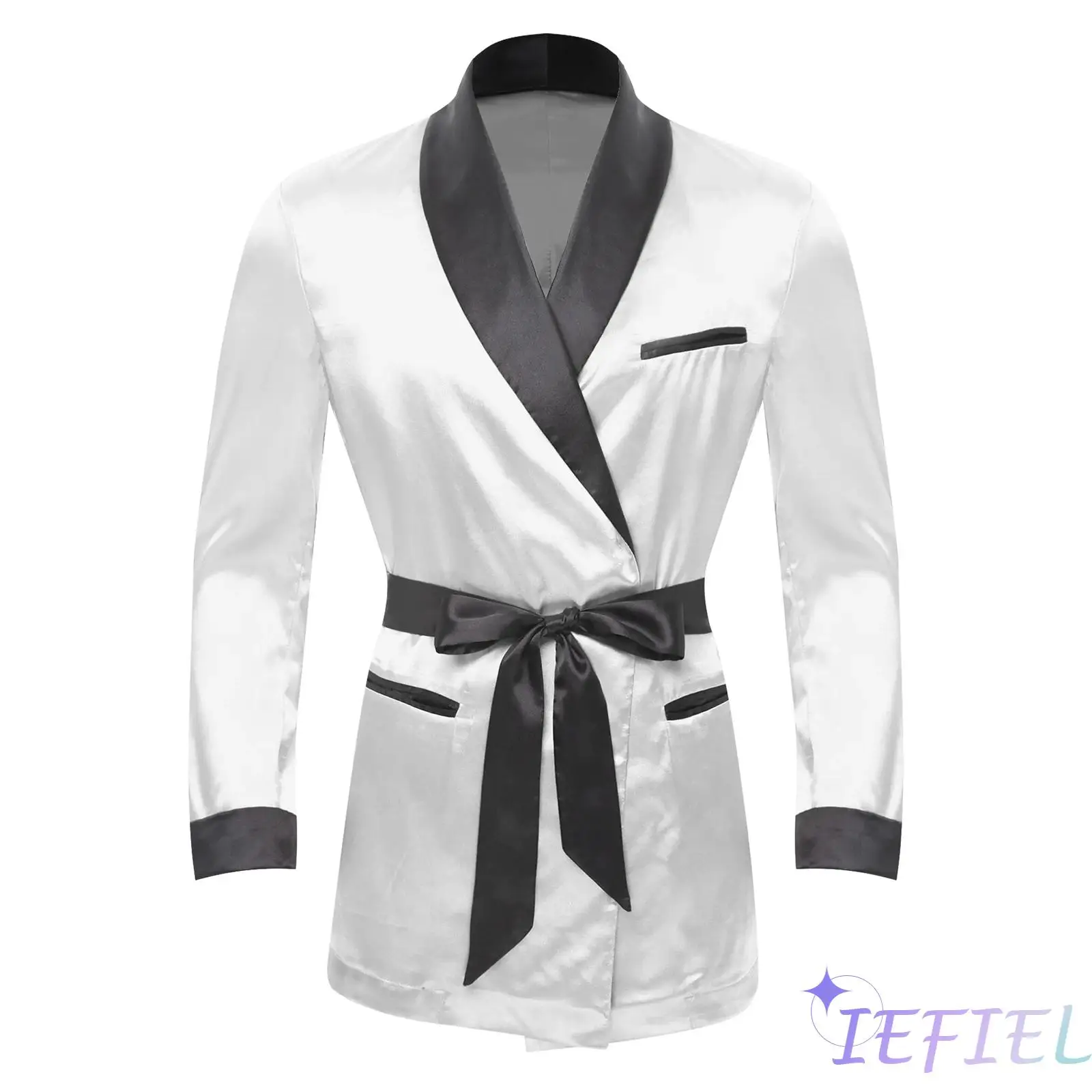 Herren Satiny Smoking Jacke Robe Nachtwäsche Nachtwäsche V-Ausschnitt Kurze Mäntel Haus Kimono Bademantel mit Gürtel Gym Wear Spa Badeanzug Image