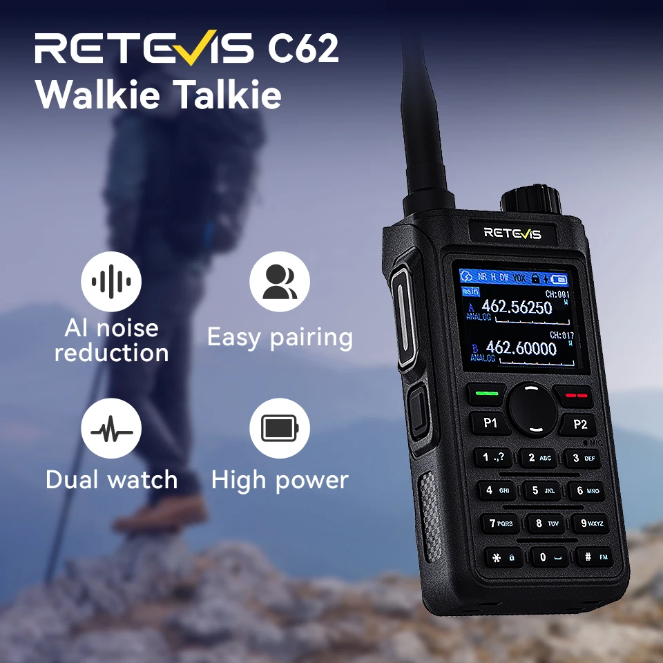 Retevis C62 Walkie Talkie Dual Band, Ham 2-Wege-Funkgerät mit Großer Reichweite, 2000 mAh, Wiederaufladbare Walkie-Talkies für Erwachsene, Zum Wandern/Jagen/Camping Image