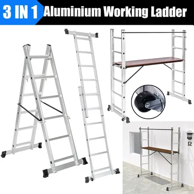 Aluminium Multi-Purpose Ladder, Adjustable 3-in-1 Scaffolding,Step Ladder, Work Platform 150kg Folding Frame,Scaffold Safety Bar