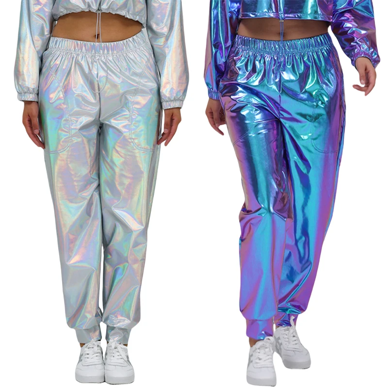 Frauen Holographische Hip Hop Kunstleder Metallic Lose Breite Bein Party Jazz Kostüm Cosplay Glänzende Street Dance Hosen Für Erwachsene Image