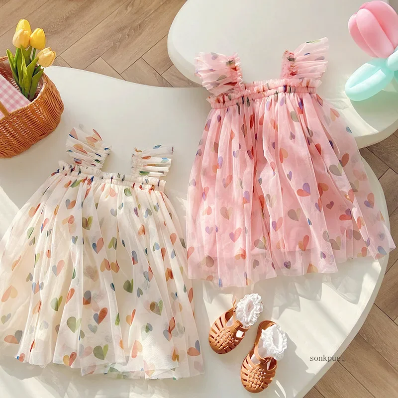 1-7T Kleinkind Kind Baby Mädchen Kleidung Off Schulter Herz Druck Mädchen Kleid Elegante Sommer Sommerkleid Strand prinzessin Kleid Outfit Image