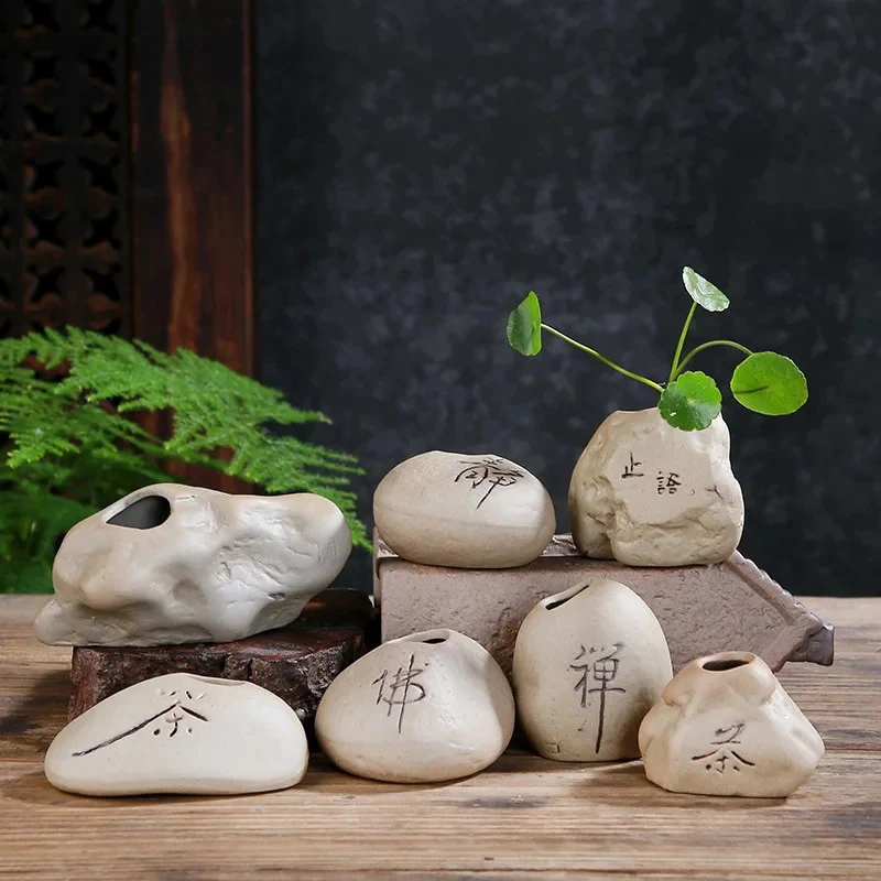 Mini Keramik Vase Imitiert Stein Blume Anordnung Dekor Hydrokultur Blume Pflanze Vase Chinesischen Stil Zen Home Office Dekoration Image