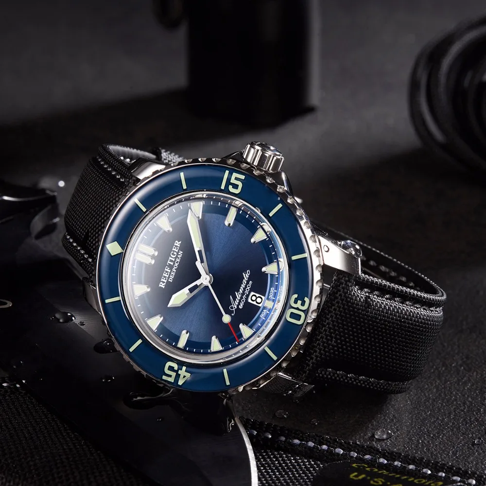 Reef Tiger/RT orologi da immersione Super luminosi orologio analogico automatico da uomo con quadrante blu con data RGA3035