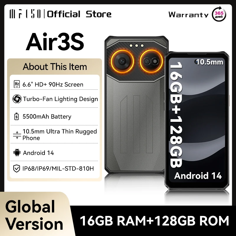 IIIF150 Air3S Smartphone robuste 90Hz 16GB(4 +12) 128GB 6.6 ''écran Fullview 2.4M Drop 6m étanche Android 14 Ultra-mince