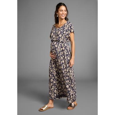 Umstandskleid NEUN MONATE "Langes Schwangerschafts- und Still-Kleid", Damen, Gr. 38, N-Gr, blau (blau geblümt), Jersey, Obermaterial: 95% Viskose, 5% Elasthan. Futter Oberteil: 95% Viskose, 5% Elasthan, modisch, ausgestellt knöchellang, Rundhals,... Image