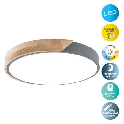 NÄVE LED Deckenleuchte "Borneo", grau, 1 flammig, Ø 52,00cm H: 5,50cm,, Lampen, Dimmbar per Fernbedienung (inkl.), CCT, Memory, Nachtlicht, Holzrand Image