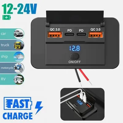 Kfz-Ladegerät-Steckdosenadapter mit Schalter, Kfz-Ladesteckdose mit 4 Anschlüssen, Ladesplitter, Steckdose für Bus, Wohnmobil, ATV, LKW, Boot Image