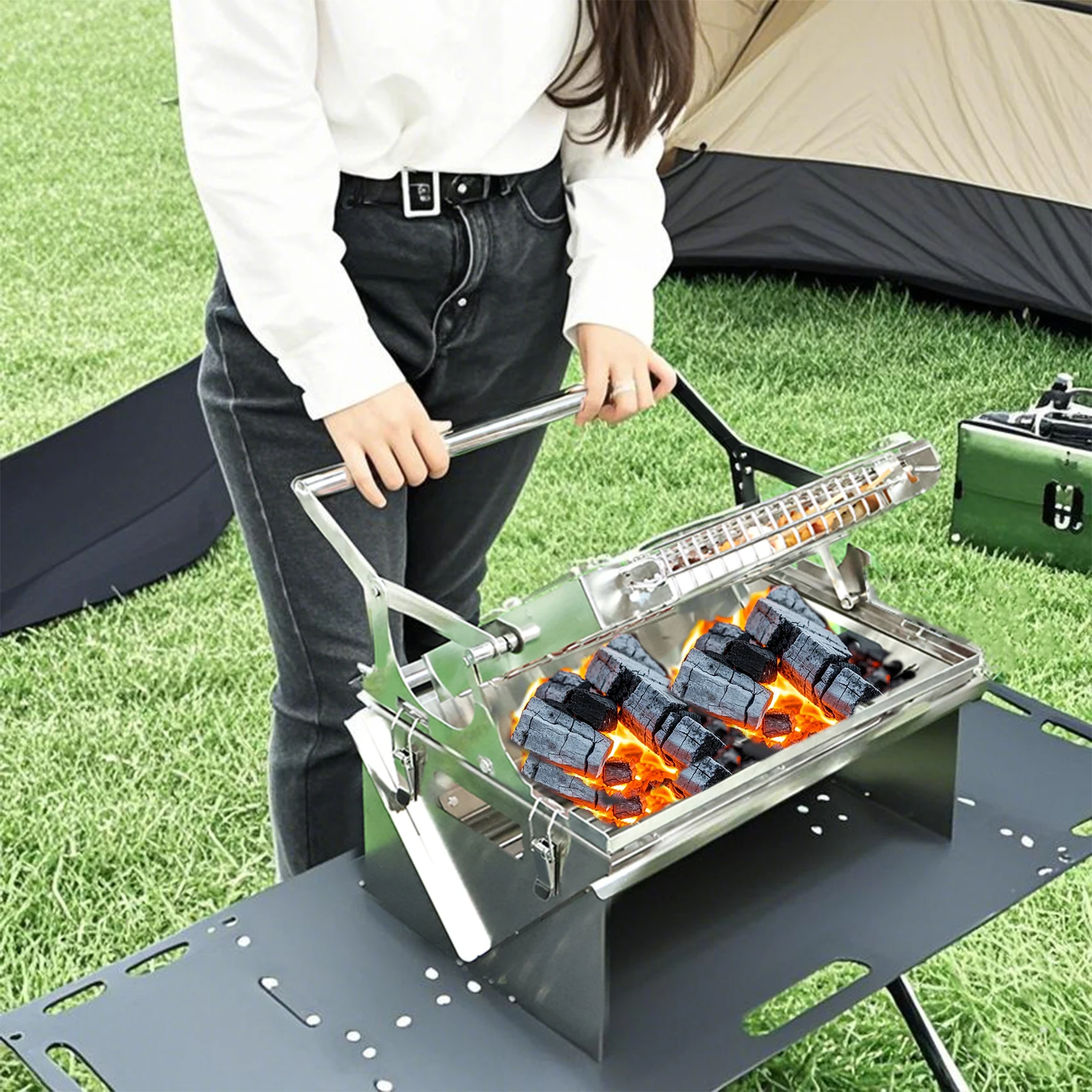 BBQ-Grill, Camping-Umschlag, das obere BBQ-Gitter könnte um 3600, um den Griff, Holzkohle-Edelstahl-Grill, faltbar