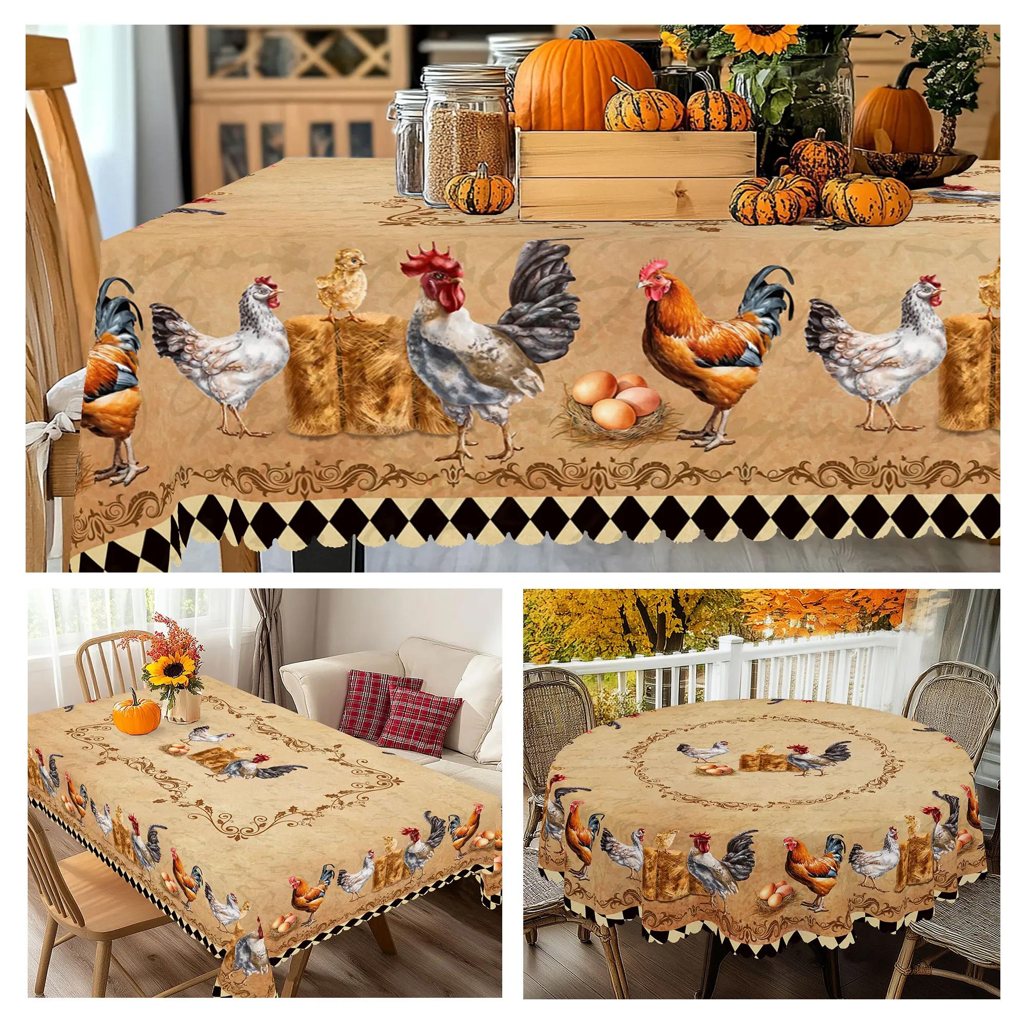 1 Stück Vintage-Tischdecke im Landhausstil, rund und rechteckig, in verschiedenen Größen erhältlich, mit einem Vintage-Distressed-Design mit lebendigen Aufdrucken von Bauernhofhühnern und Küken, Image