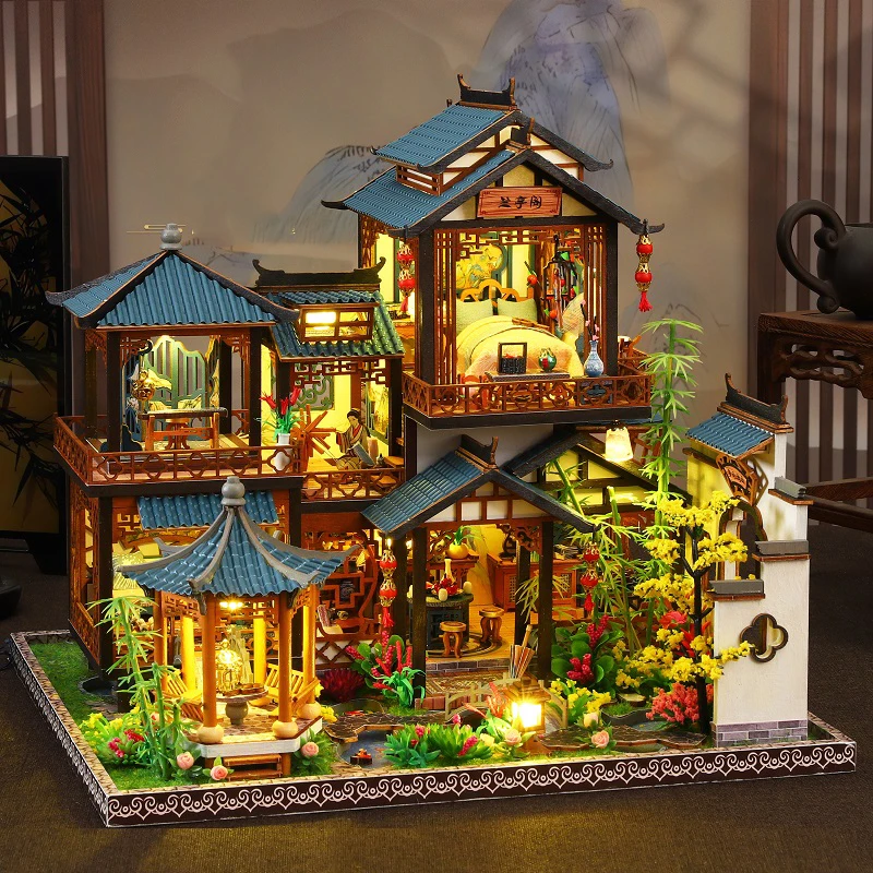 DIY Holz chinesische alte Villa Miniatur Bausätze Puppenhäuser mit Möbeln Casa Puppenhäuser für Freunde Geburtstagsgeschenke