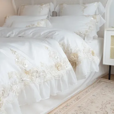White Lace Embroidery Princess Bedding Set, Luxury, High End, France Style, Egyptian Cotton, Duvet Cover, Bed Sheet, Pillowcases