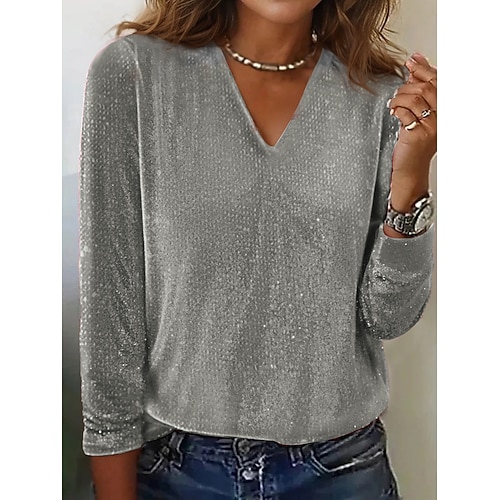 Damen Hemd Bluse Pailletten Einfach Basic Modern Langarm V Ausschnitt Normale Oberteile Täglich Ferien Silber Schwarz Gelb Rosa Rote Sommer Image