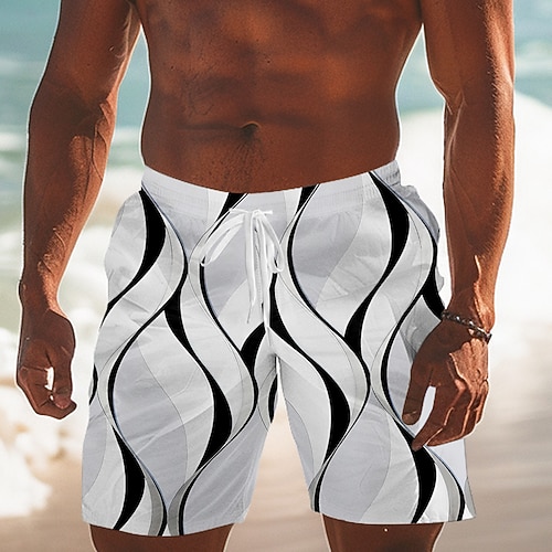 Herren Geometrisch Linie Badehosen Badeshorts Boardshorts Mittlere Taille Streetwear Hawaiianisch Urlaub Kordelzug Netzfutter Elastischer Bund Designer Bekleidung Image
