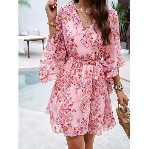 Damen Minikleid Freizeitkleid Blumenkleid Sommerkleid Unterkleid Mode Modern Täglich Strand Wochenende Normale Passform Blumen Dreiviertelarm V Ausschnitt Blau Leopard Weiß Rosa Sommer Image