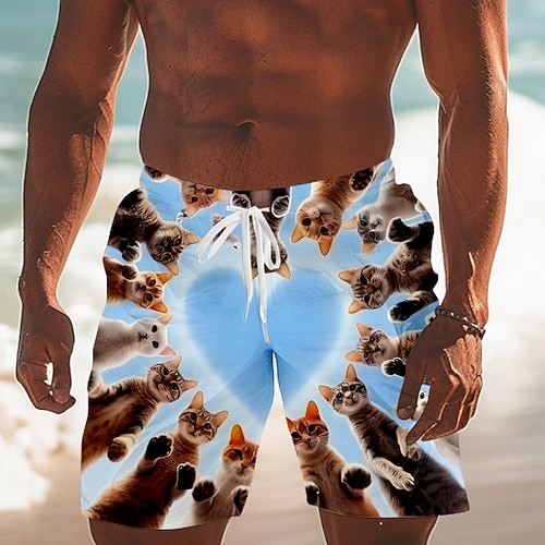 Herren Tiermotiv Katze Lustig Badehosen Badeshorts Boardshorts Mittlere Taille Streetwear Hawaiianisch Urlaub Kordelzug Netzfutter Elastischer Bund Designer Bekleidung Image