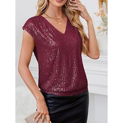 Women's Camisole Tank Top Solid Color Party Stylish Modern Short Sleeve V Neck Regular Tops Wedding Guest Evening Party Going out Sequins Black Pink Wine Blue Gold Summer Spring