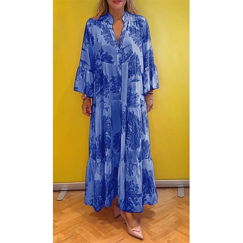 Damen Langes Kleid Maxikleid Freizeitkleid Schwingkleid Sommerkleid Elegant Mode Modern Täglich Strand Wochenende Normale Passform Blumen Langarm V-Ausschnitt Hellgrün Rosa Rote Violett Sommer Image