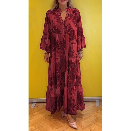 Damen Langes Kleid Maxikleid Freizeitkleid Schwingkleid Sommerkleid Elegant Mode Modern Täglich Strand Wochenende Normale Passform Blumen Langarm V-Ausschnitt Hellgrün Rosa Rote Violett Sommer Image