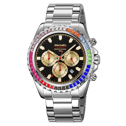 Skmei Herrenuhr mit diamantbesetztem Regenbogenkreis, drei Augen, sechs Stifte, multifunktionale Quarzuhr Image