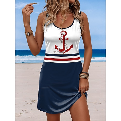 Damen Mini Kleid Petite Kleid Petite Kleid Strandkleid A-Linie Kleid Tank Kleid Freizeit Urlaub Täglich Strand Lockerer Schnitt Herz Rose Flagge ärmellos Rundhals Weiß Rot Königsblau Blau Sommer Image