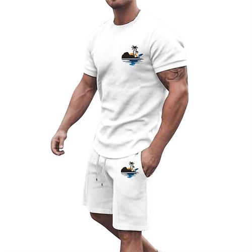 Men's T-shirt Suits 2 Pieces Outfits Tee Shorts Short Sleeve Crew Neck Summer Coconut Tree Fashion Casual 2 Piece Vacation Daily Wear Going out Black White Yellow Top Tee for Men