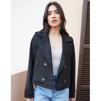 Threadbare Women's Black Suedette Cropped Trench Coat