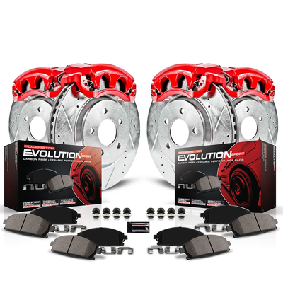 Powerstop Brake Disc & Caliper Kit Red Powdercoat Loaded (Caliper, Hardware Pads) Z23 Evolution Sport Series, Front Rear, KC4039A