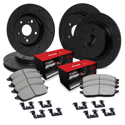 R1 Concepts Brake Disc & Pad Kit eLINE Black Rotors with Optimum OEp Pads Series, Front Rear, 1 Year Limited Warranty WHUH2-74102