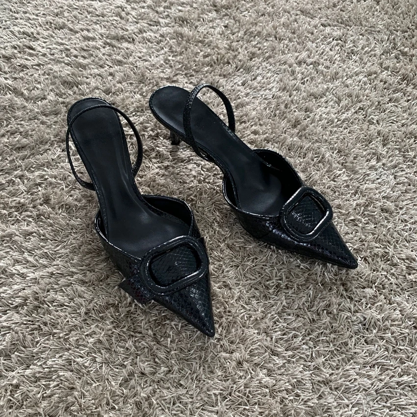 Fashion Black Leather Women Pumps Elegant Pointed Toe Office Work Ladies High Heeled Shoes 2025 Spring Dress Slingbacks Footwear
