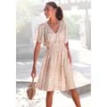 Sommerkleid LASCANA, Damen, Gr. 36, N-Gr, beige (sand, beige bedruckt), Satin, Obermaterial: 100% Polyester, bedruckt, animal-print, modisch, figurumspielend kniebedeckend, tiefer V-Ausschnitt, Kurzarm Fledermausärmel, Kleider, mit Animalprint und...