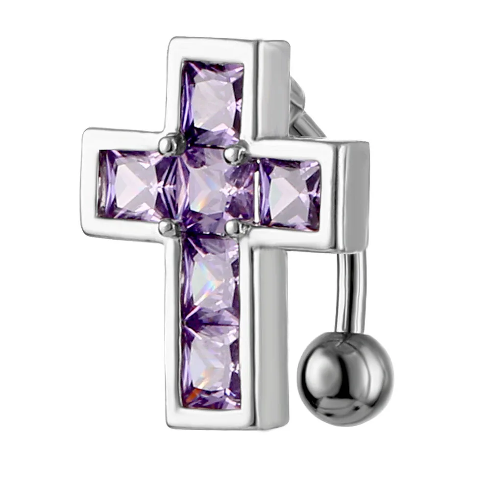 Sexy Bikini Party Kreuz Nabel Ringe für Frauen Silber Farbe weiß lila Zirkon kurzen Bauchnabel Nagel Körper Piercings Schmuck