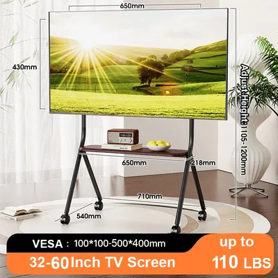 Rollbarer TV-Ständer, mobiler TV-Ständer mit Holzablage, höhenverstellbarer TV-Ständer mit Drehgelenk für 32–60 Zoll große Fernseher, Boden-TV-Montageständer