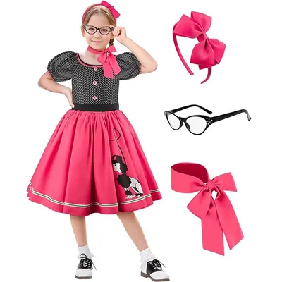 Mädchen Karneval Verkleidungen Kostüme Kinder Vintage 50er Jahre Pudel Druck Rosa Prinzessin Kleid Image